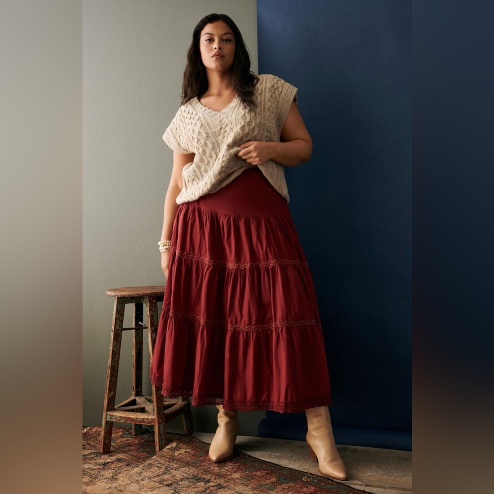 Anthropologie Burgundy Tiered Lace Maxi Skirt
